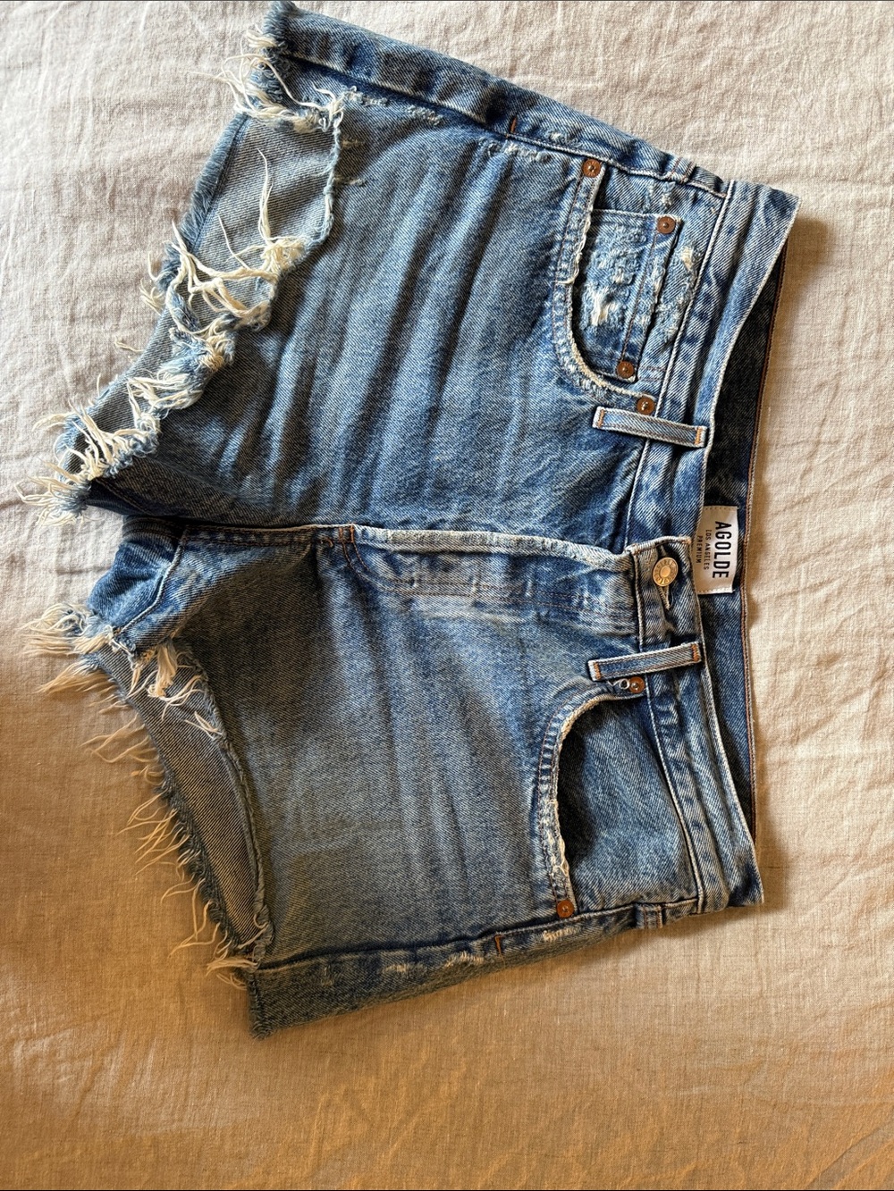 Agolde Parker Light Blue Frayed Hem Denim Cutoff Shorts